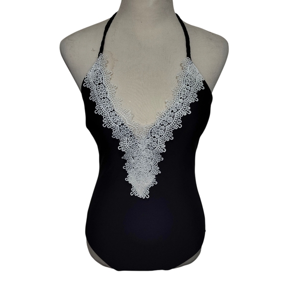 Boutique 1PC Black Swimsuit SMALL Crochet Trim Plunging VNeck Coquette Girl NWOT - Picture 11 of 15
